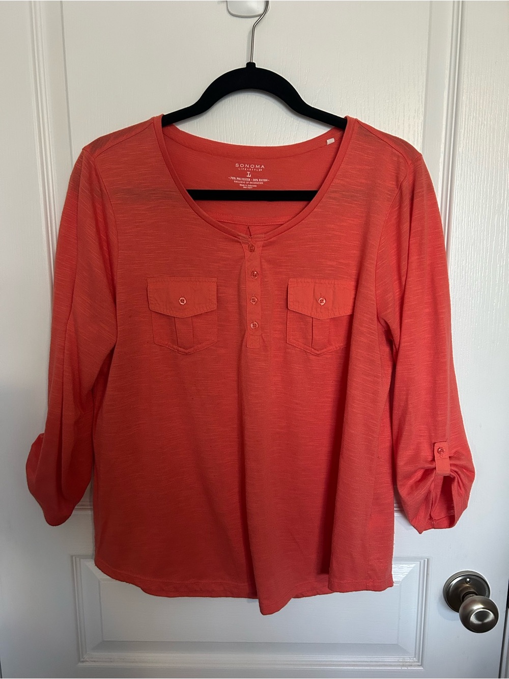 Sonoma Coral Button-Front Long Sleeve Pocket Top